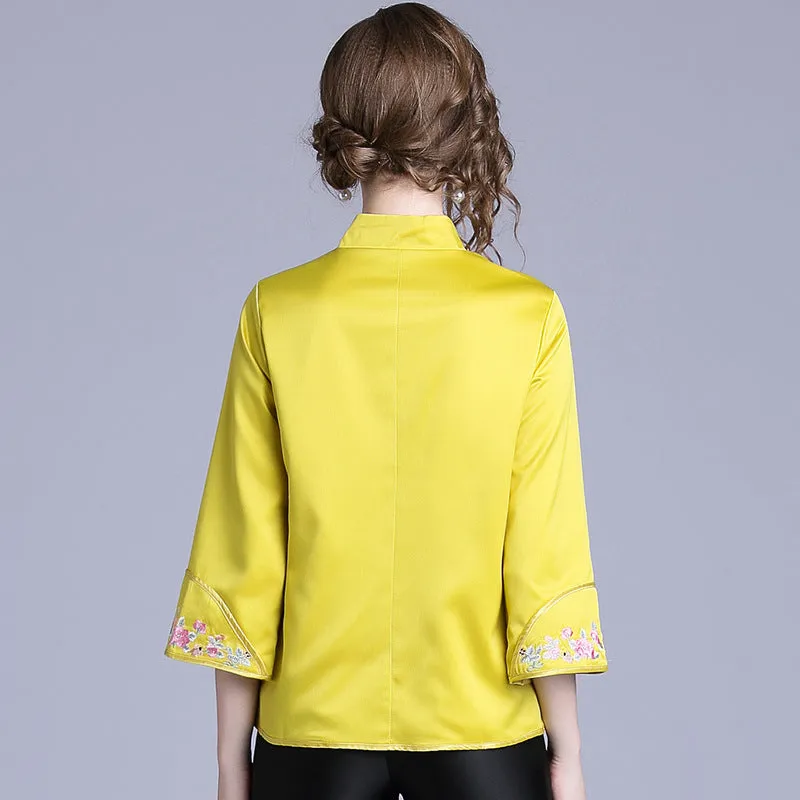 3/4 Sleeve Mandarin Collar Floral Embroidery Traditional Chinese Jacket
