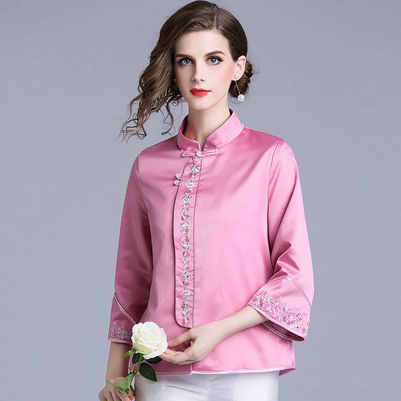 3/4 Sleeve Mandarin Collar Floral Embroidery Traditional Chinese Jacket