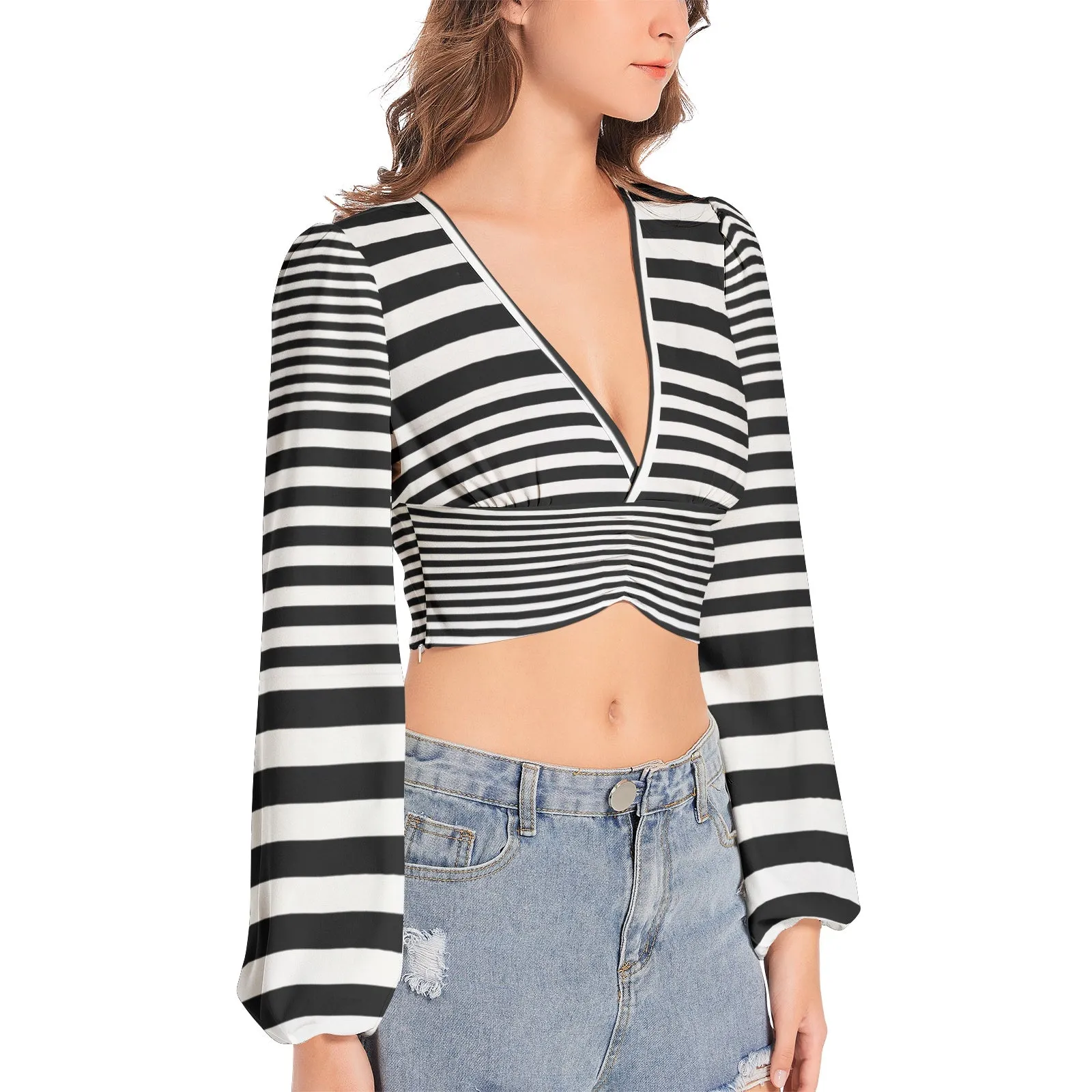 Abstract Zebra Women's Deep V-Neck Lantern Sleeve Crop Top