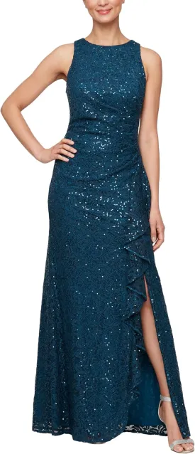 Alex Evenings Women's Long Sleeveless Mother of The Bride Dress W/Cascade Ruffle & Front Slit (Petite and Regular Sizes)