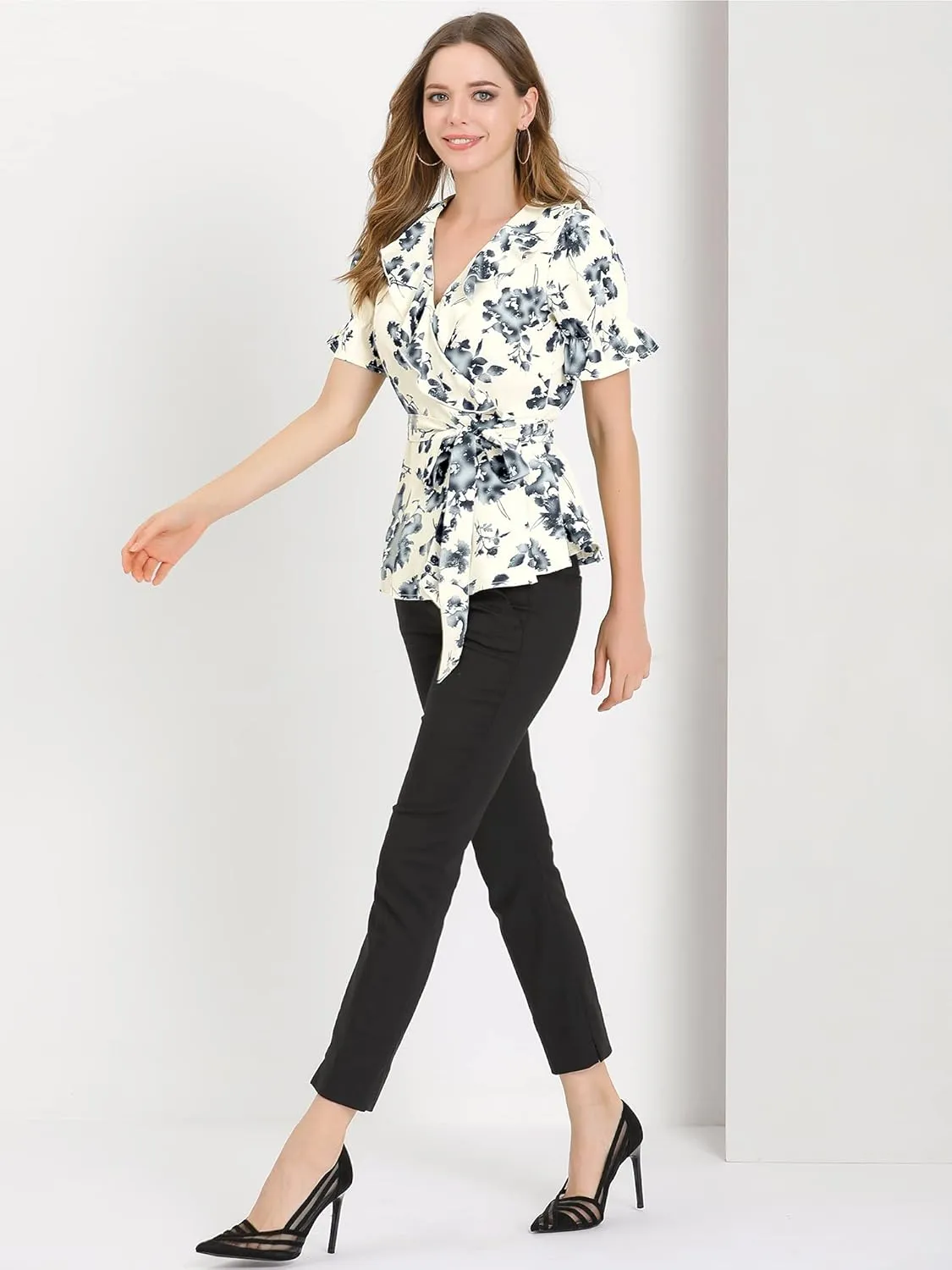 Allegra K Women's Wrap Peplum Top Blouse 2025 Summer Floral Short Sleeve Ruffle V Neck Belted Shirts