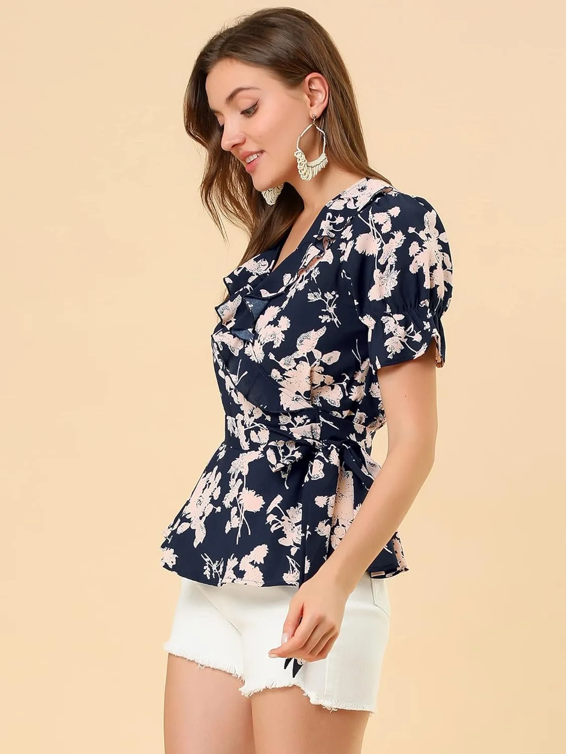 Allegra K Women's Wrap Peplum Top Blouse 2025 Summer Floral Short Sleeve Ruffle V Neck Belted Shirts