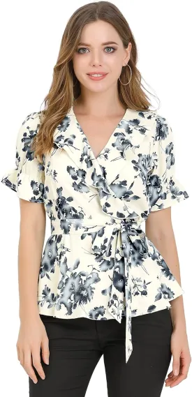 Allegra K Women's Wrap Peplum Top Blouse 2025 Summer Floral Short Sleeve Ruffle V Neck Belted Shirts