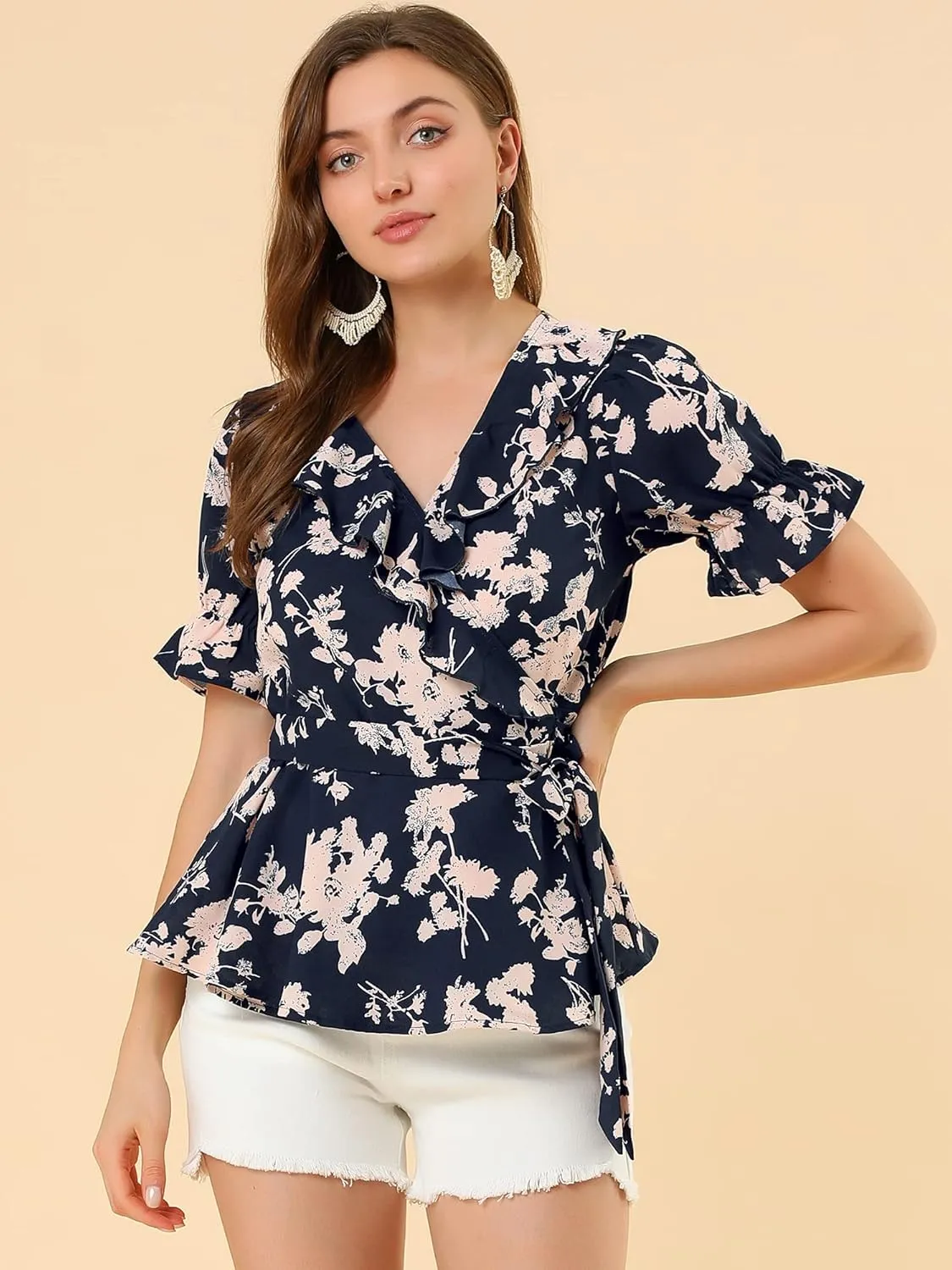 Allegra K Women's Wrap Peplum Top Blouse 2025 Summer Floral Short Sleeve Ruffle V Neck Belted Shirts