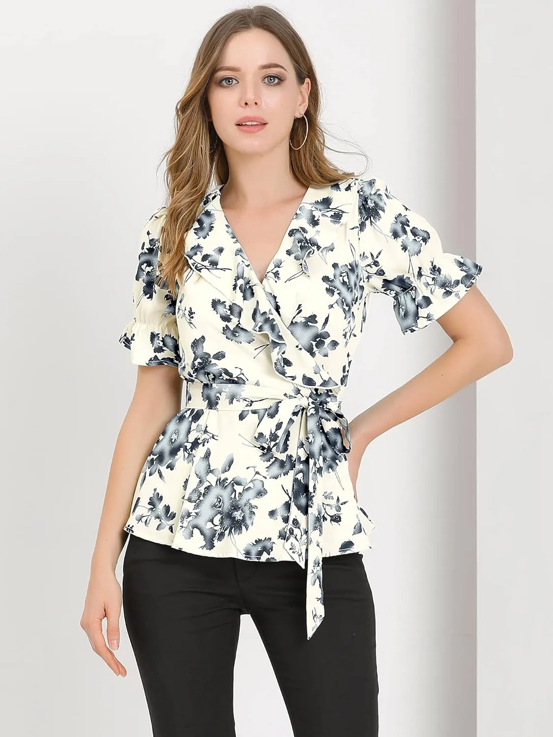 Allegra K Women's Wrap Peplum Top Blouse 2025 Summer Floral Short Sleeve Ruffle V Neck Belted Shirts