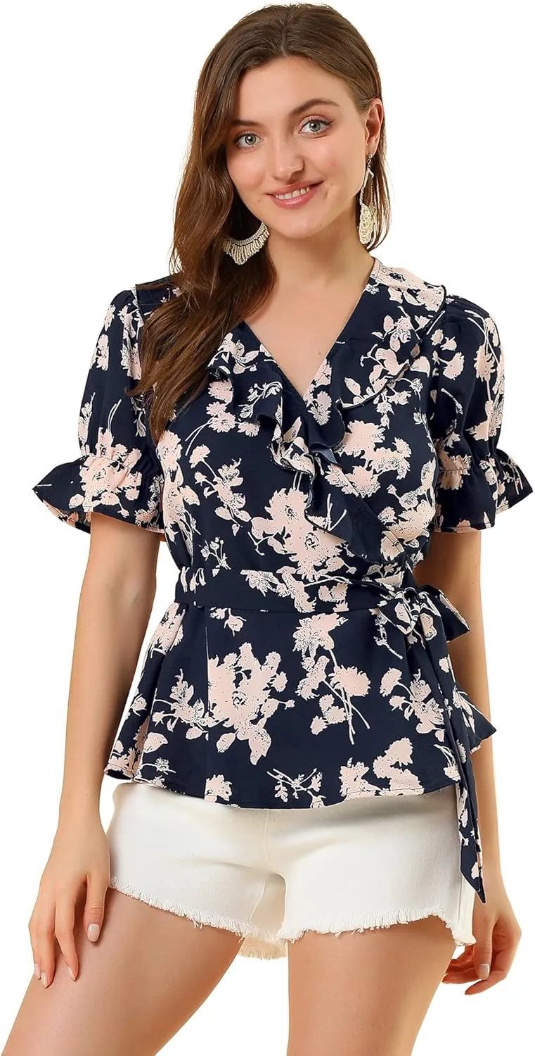 Allegra K Women's Wrap Peplum Top Blouse 2025 Summer Floral Short Sleeve Ruffle V Neck Belted Shirts