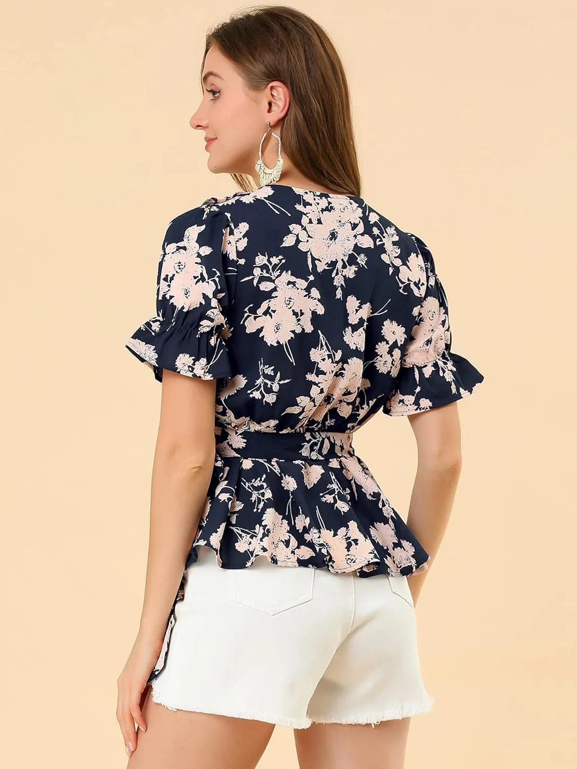 Allegra K Women's Wrap Peplum Top Blouse 2025 Summer Floral Short Sleeve Ruffle V Neck Belted Shirts