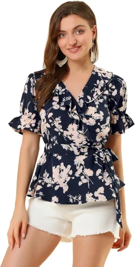 Allegra K Women's Wrap Peplum Top Blouse 2025 Summer Floral Short Sleeve Ruffle V Neck Belted Shirts