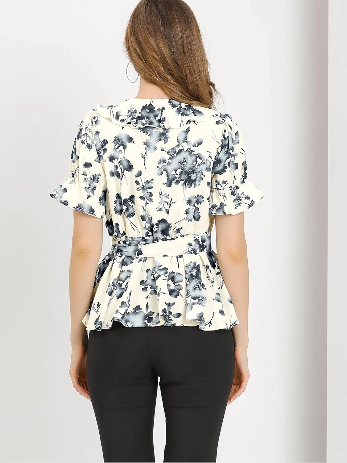 Allegra K Women's Wrap Peplum Top Blouse 2025 Summer Floral Short Sleeve Ruffle V Neck Belted Shirts