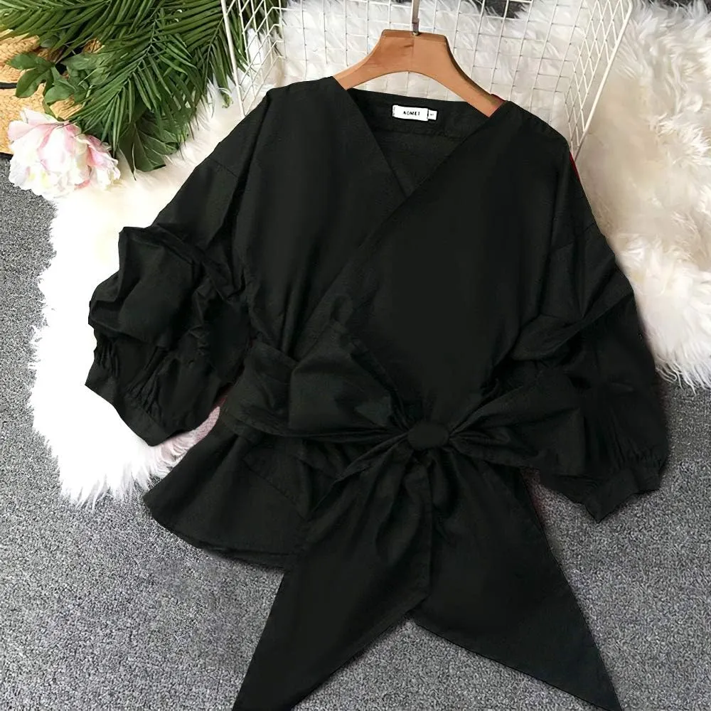 AOMEI Women Spring Summer Blouses with Puff Sleeve Sashes Shirts Tops