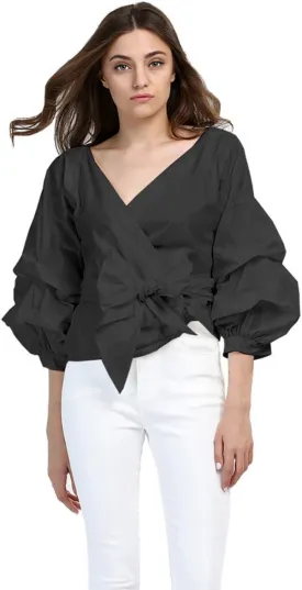 AOMEI Women Spring Summer Blouses with Puff Sleeve Sashes Shirts Tops