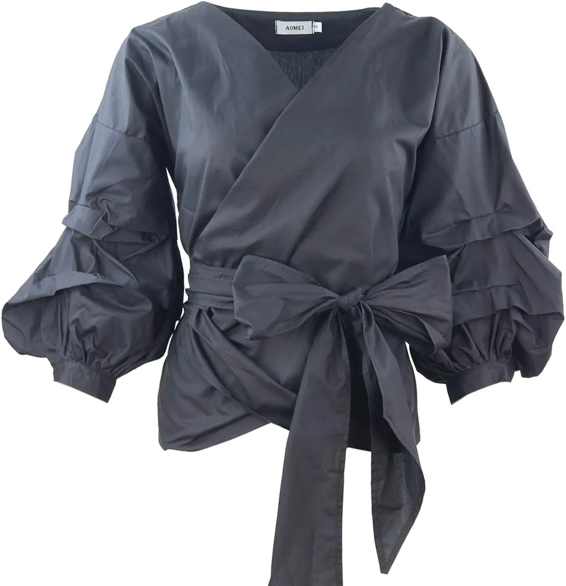 AOMEI Women Spring Summer Blouses with Puff Sleeve Sashes Shirts Tops