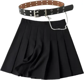AULKEEP Womens Black Mini Pleated Skirts Goth High Waist A Line Punk Skirt School Uniform Short Skirts with Belt