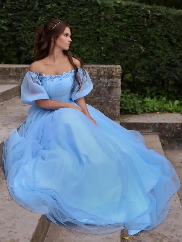 Baby Blue Princess Off-Shoulder Floral Tulle A-Line Long Prom Dress GJS434