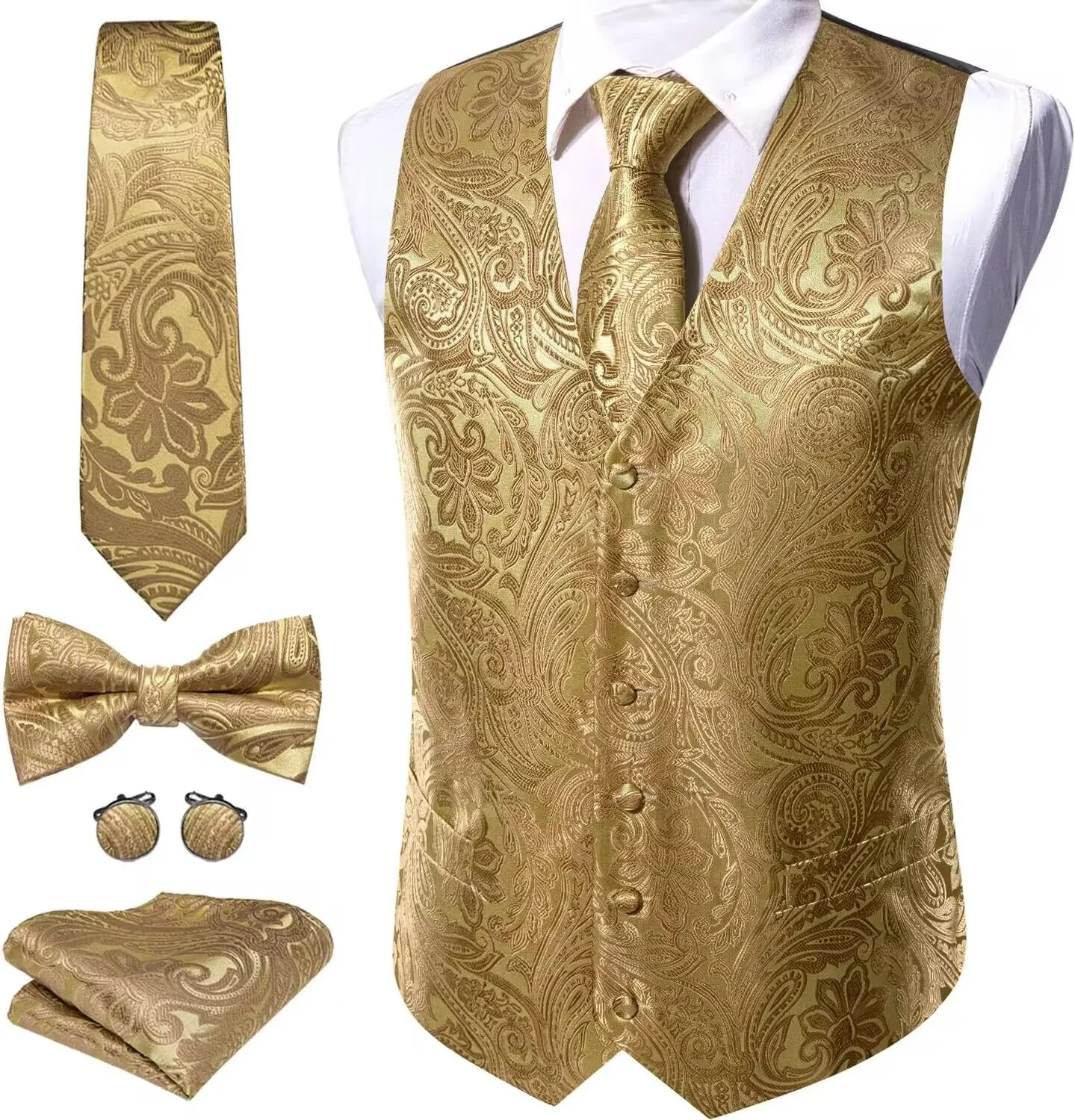 Barry.Wang Mens Paisley V-neck Suit Vest Formal/Leisure Silk Jacquard Waistcoat Tie Set 5PCS