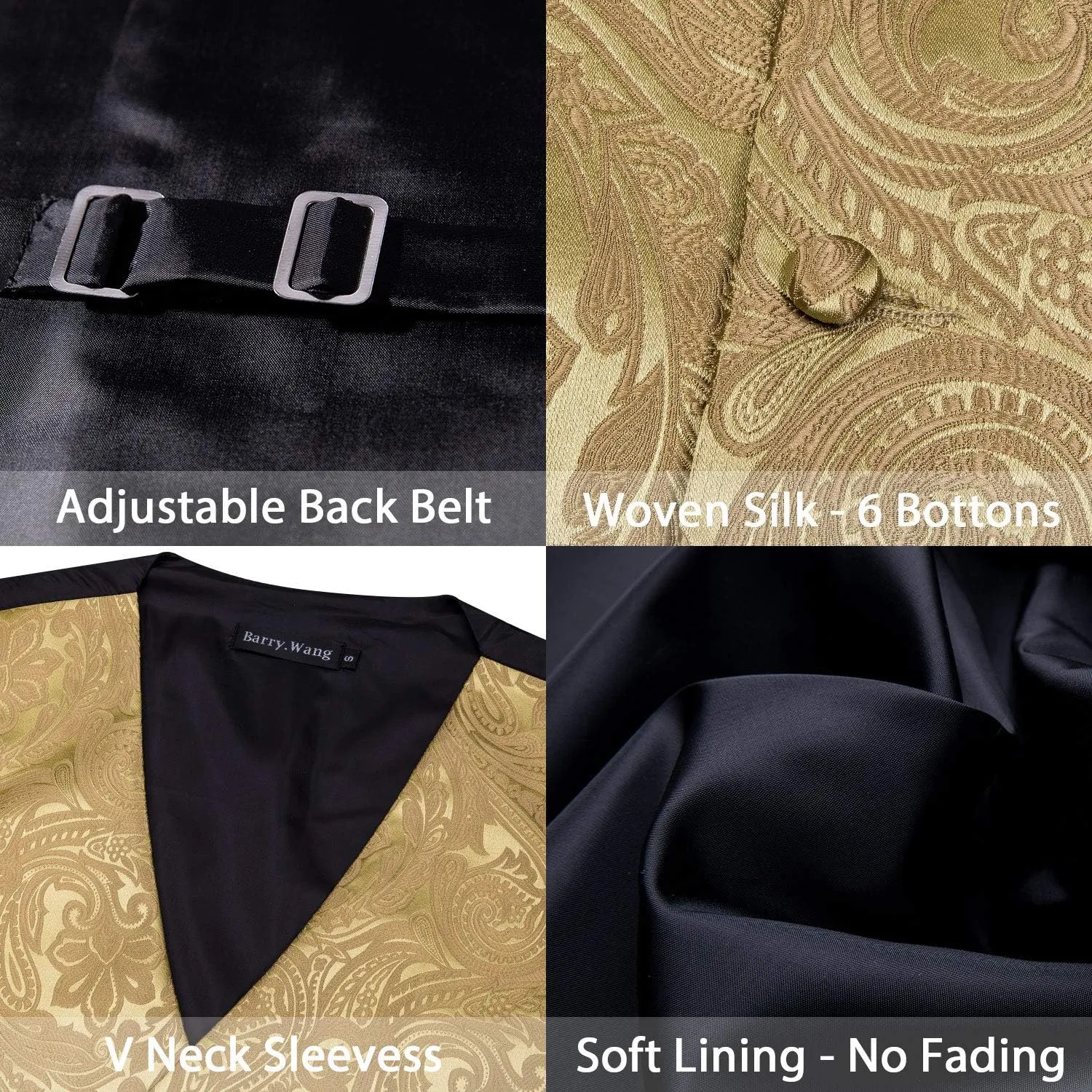 Barry.Wang Mens Paisley V-neck Suit Vest Formal/Leisure Silk Jacquard Waistcoat Tie Set 5PCS