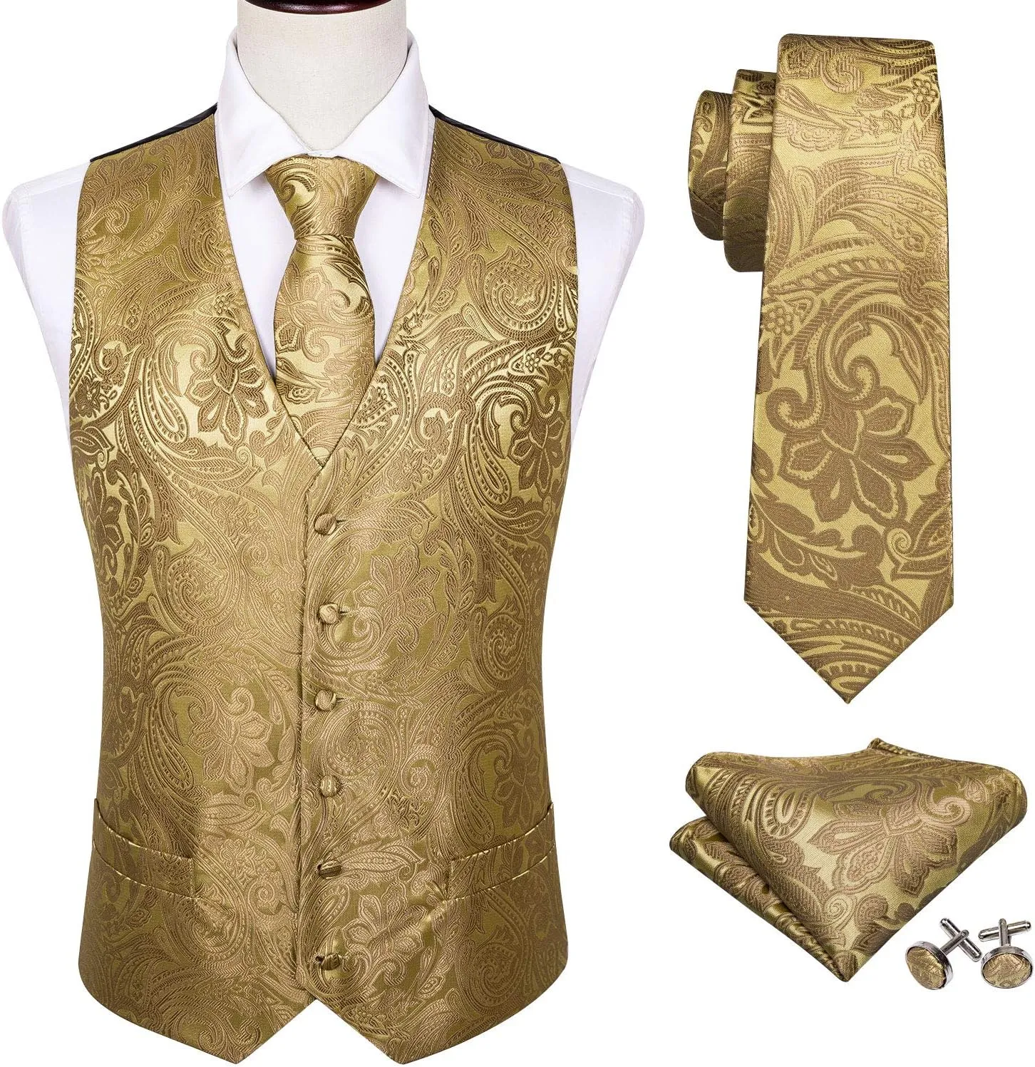 Barry.Wang Mens Paisley V-neck Suit Vest Formal/Leisure Silk Jacquard Waistcoat Tie Set 5PCS