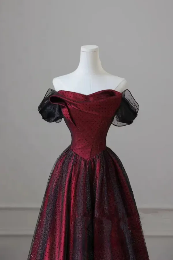 Black and Red Off Shoulder Satin Long Prom Dress, Off the Shoulder Party Dress PFP2507