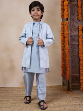 Boys Mandarin Collar Long Sleeves Straight Kurta With Pyjamas Jacket