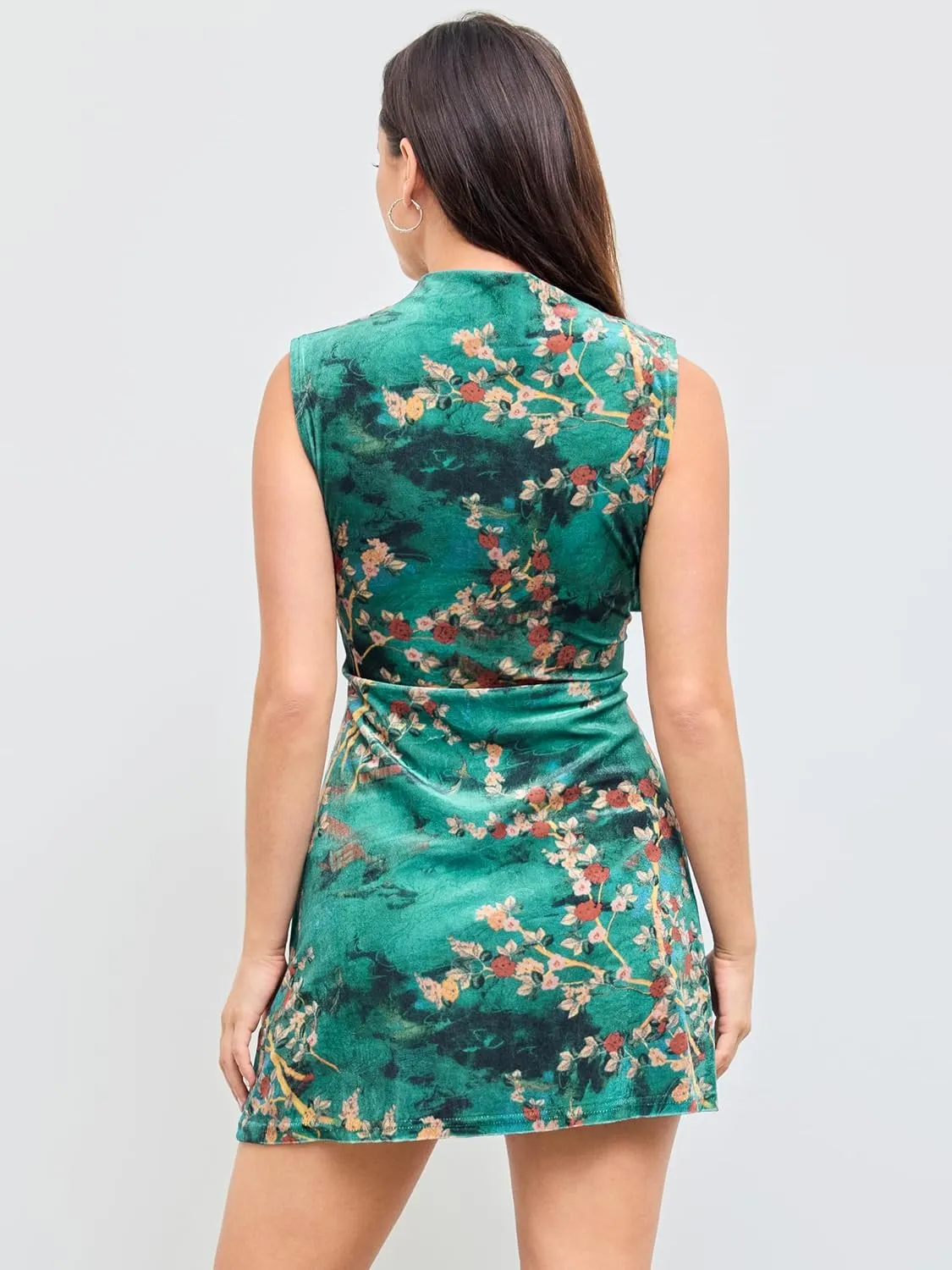 CIDER Mini Dress Velvet Floral Ruched Mandarin Collar High Waist Party Club Elegant Short Dress