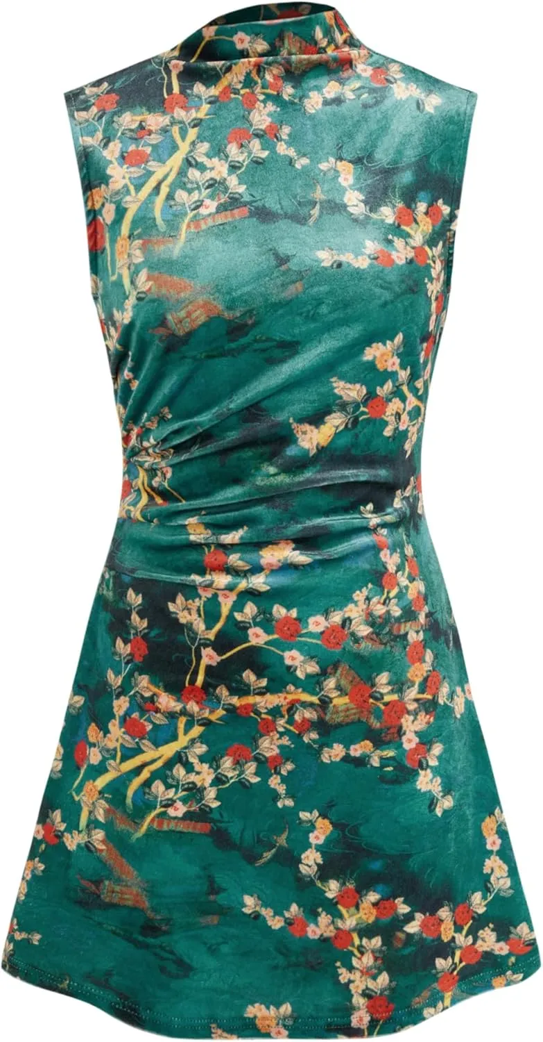CIDER Mini Dress Velvet Floral Ruched Mandarin Collar High Waist Party Club Elegant Short Dress
