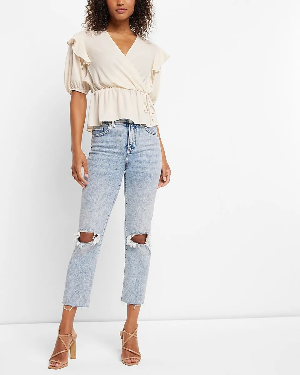 Conscious Edit Faux Wrap Puff Sleeve Peplum Top in Sandshell
