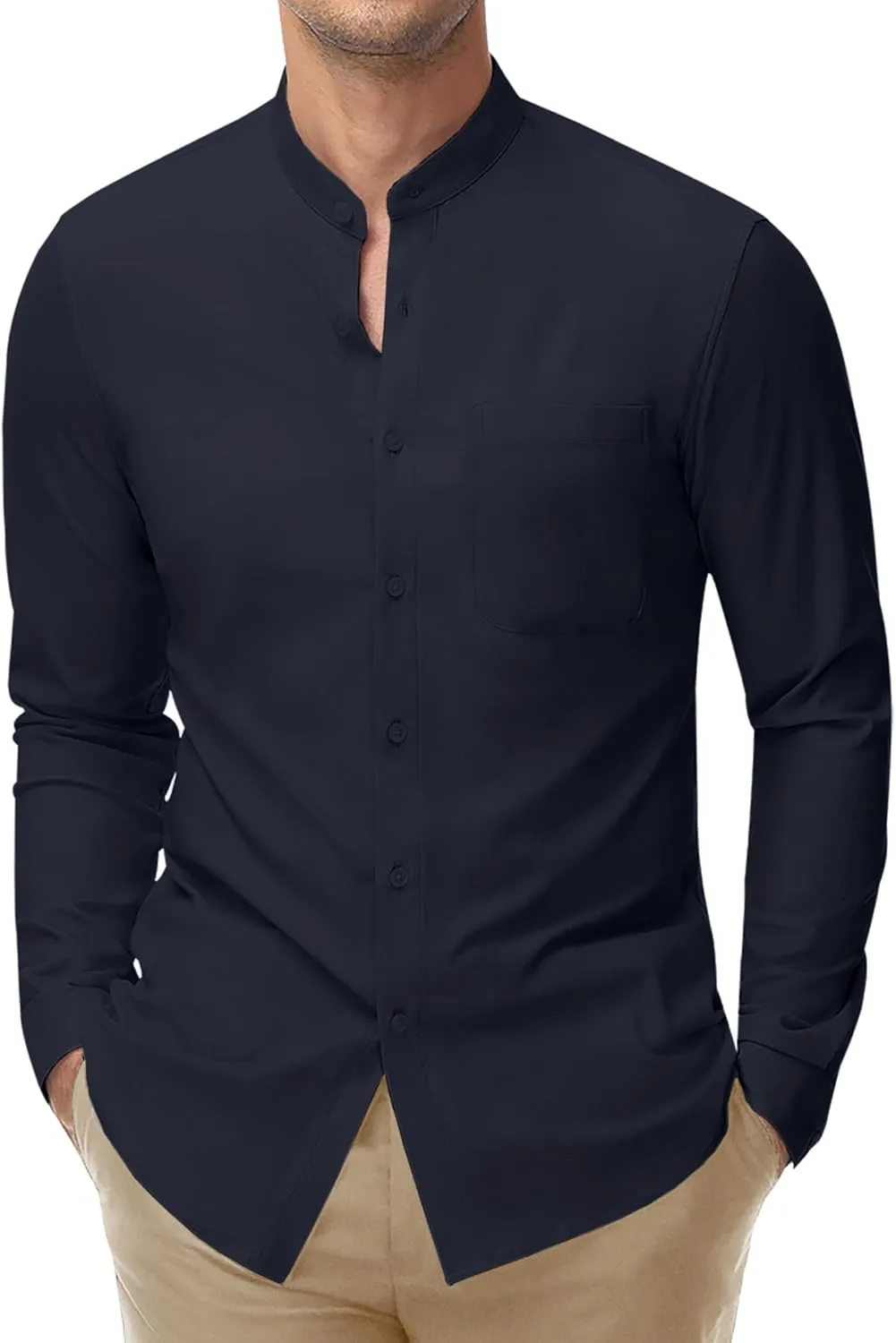 DEMEANOR Band Collar Dress Shirts for Men Stretch Dress Shirts Collarless Button Down Long Sleeve Shirts Muscle Fit