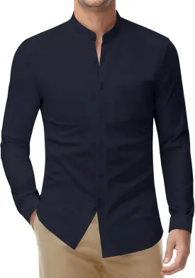 DEMEANOR Band Collar Dress Shirts for Men Stretch Dress Shirts Collarless Button Down Long Sleeve Shirts Muscle Fit