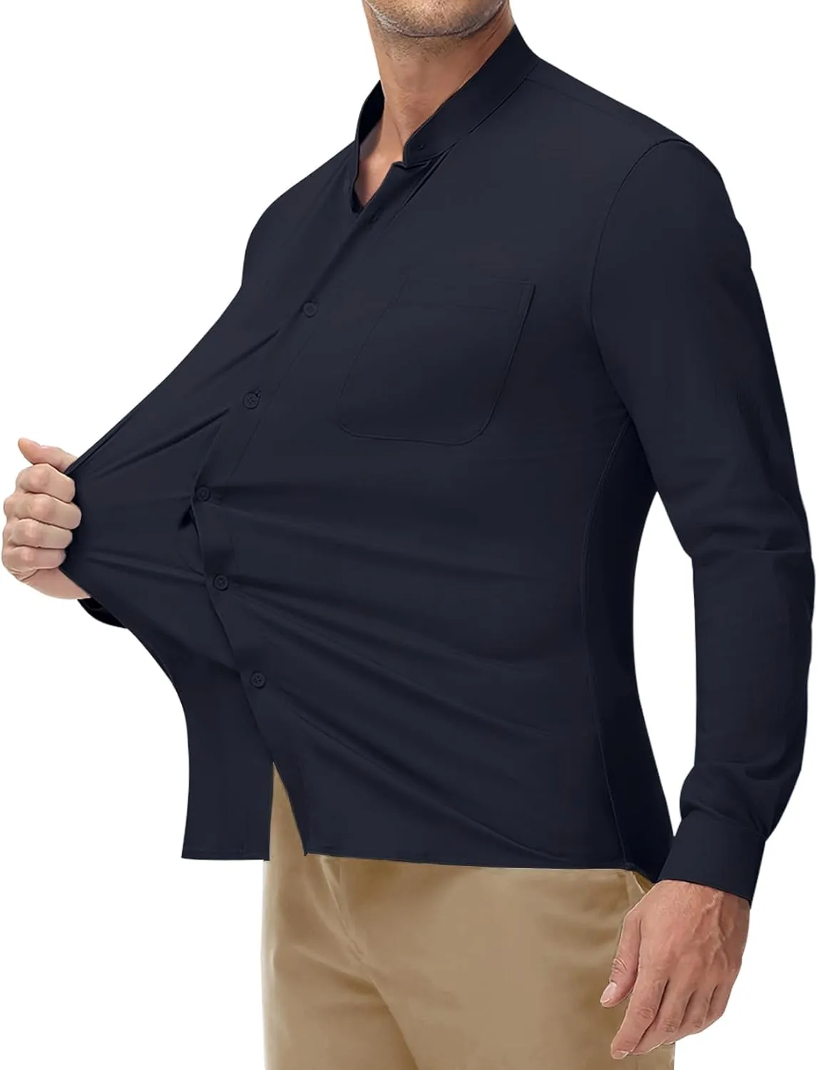 DEMEANOR Band Collar Dress Shirts for Men Stretch Dress Shirts Collarless Button Down Long Sleeve Shirts Muscle Fit