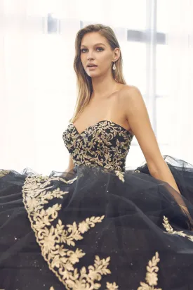 Embellished with metallic applique quinceañera dress