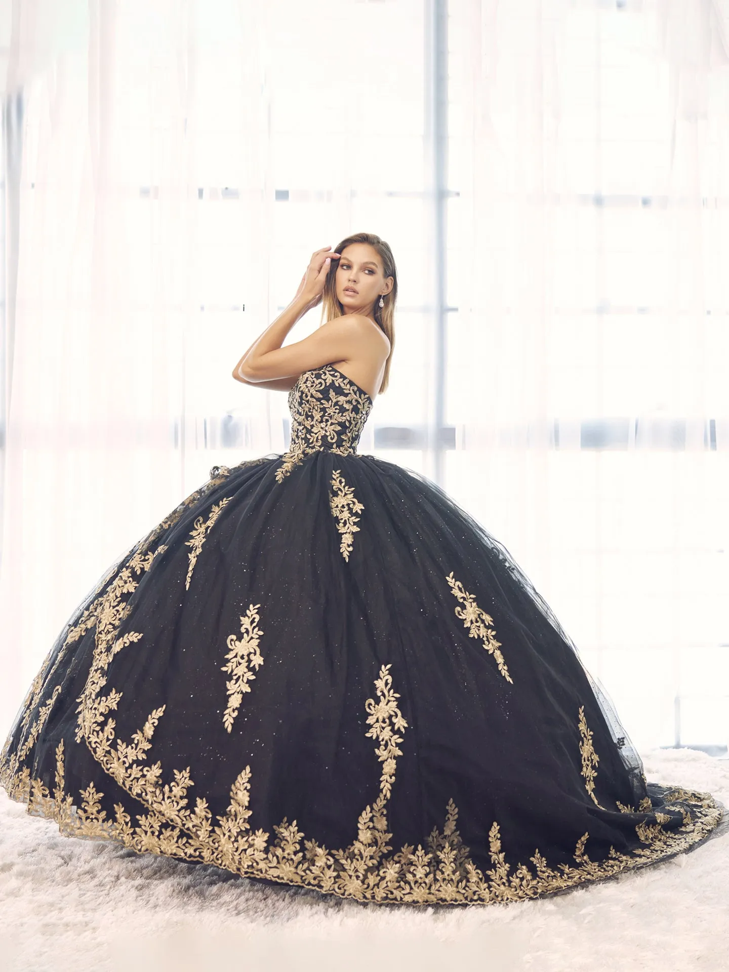 Embellished with metallic applique quinceañera dress