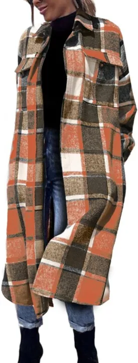 FindThy Womens Long Plaid Shacket Wool Blend Button Down Shirt Jacket Coat with Pockets
