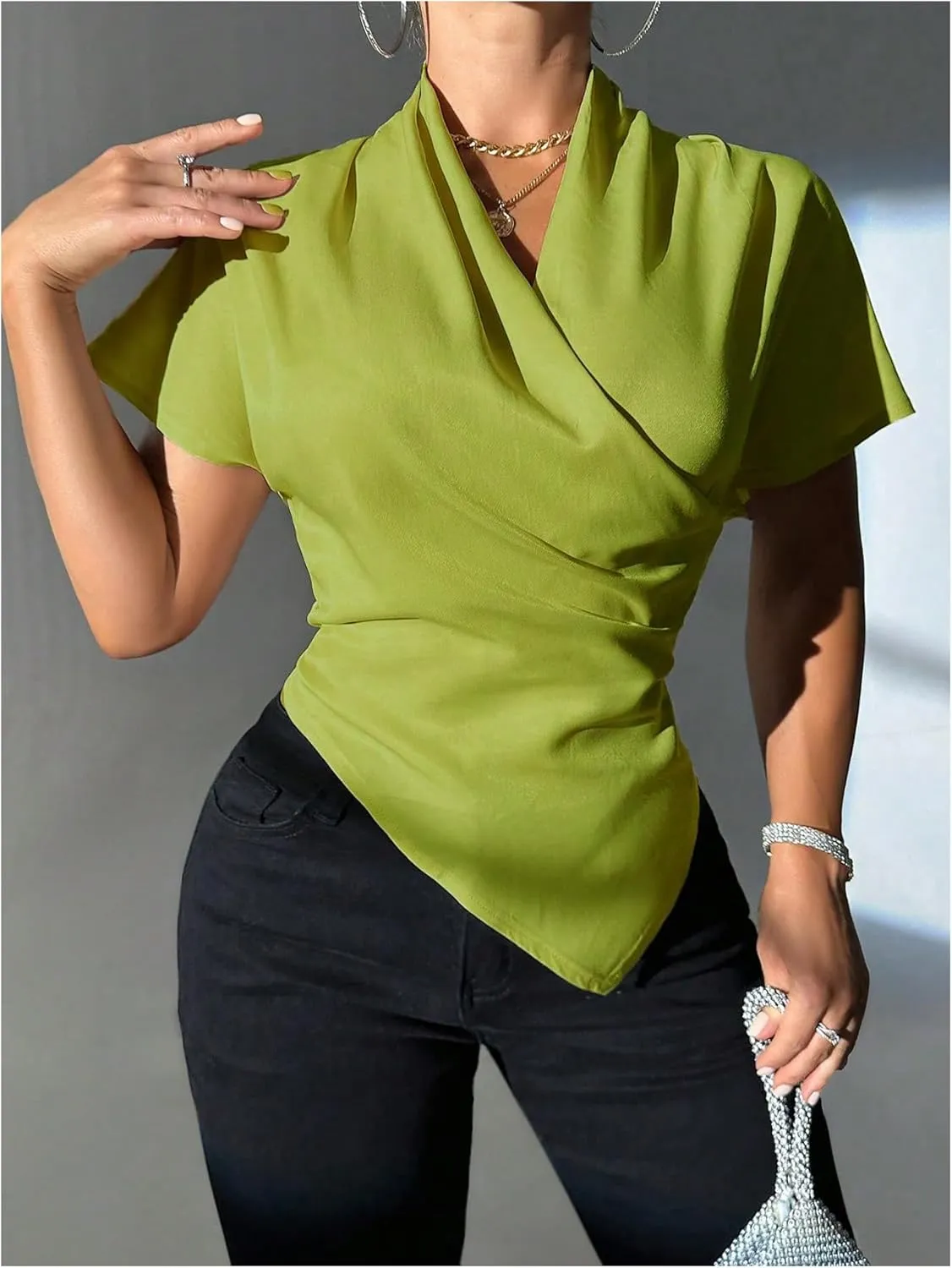 Floerns Women's Dolman Sleeve Wrap V Neck Shirts Hanky Hem Draped Front Blouse Tops