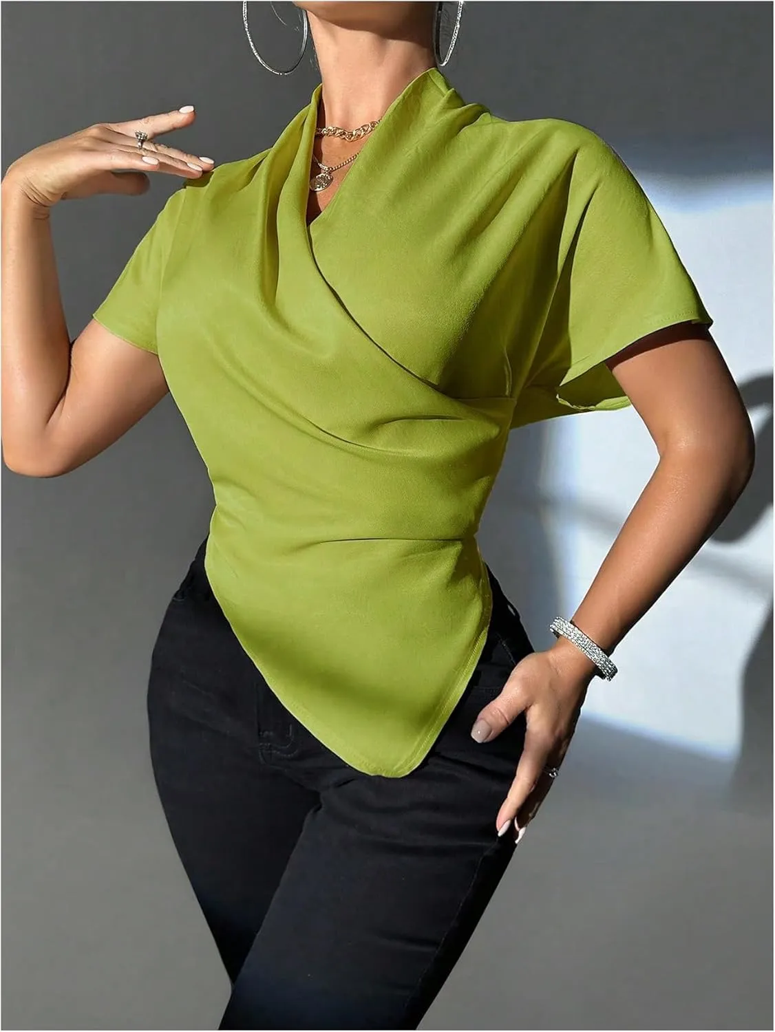 Floerns Women's Dolman Sleeve Wrap V Neck Shirts Hanky Hem Draped Front Blouse Tops