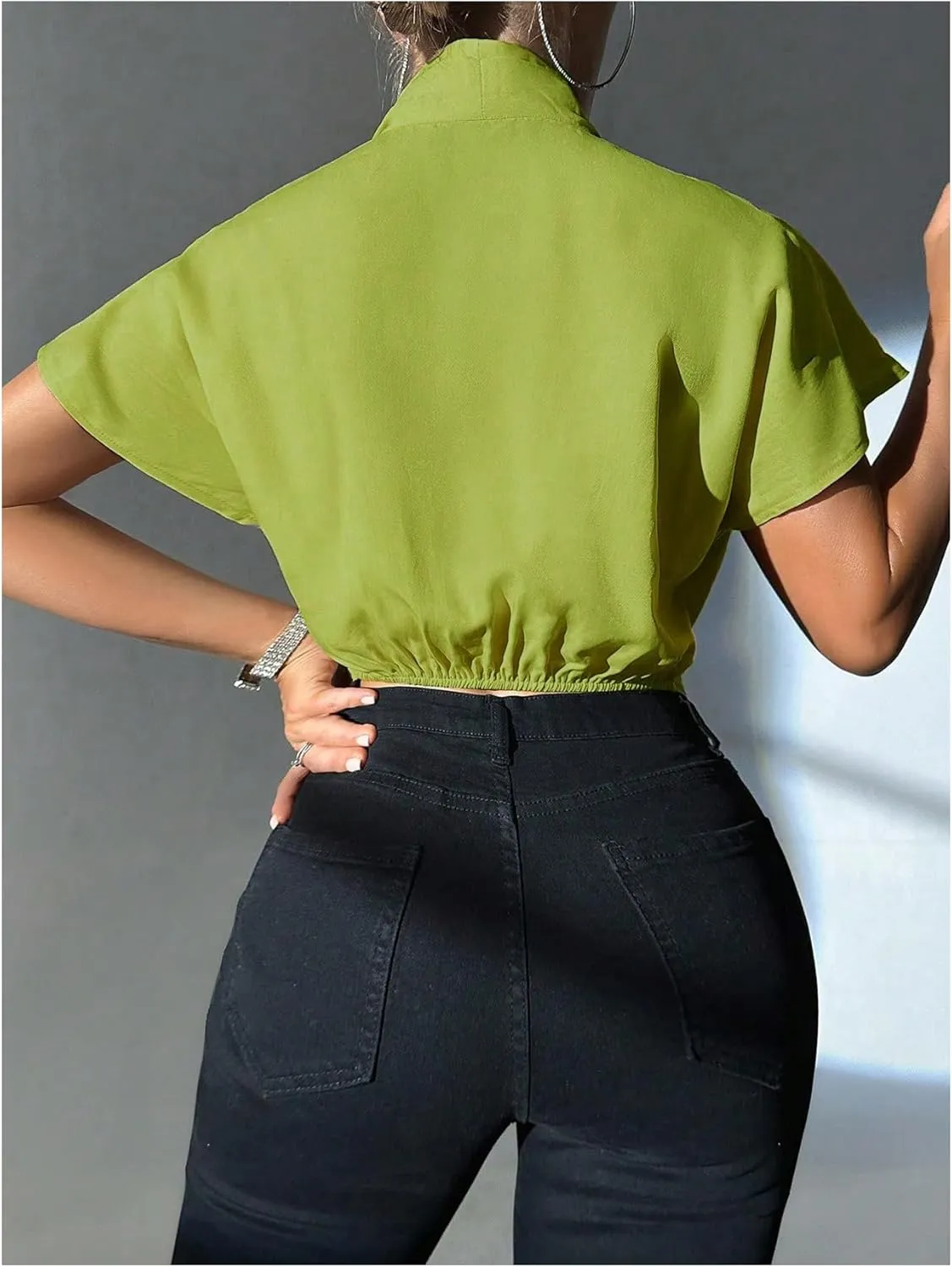 Floerns Women's Dolman Sleeve Wrap V Neck Shirts Hanky Hem Draped Front Blouse Tops