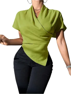 Floerns Women's Dolman Sleeve Wrap V Neck Shirts Hanky Hem Draped Front Blouse Tops