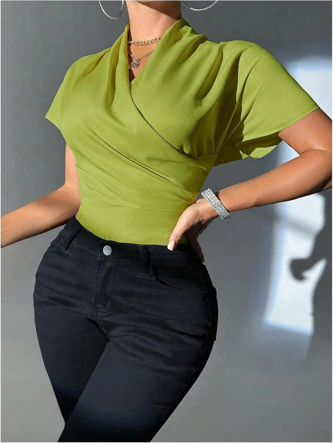 Floerns Women's Dolman Sleeve Wrap V Neck Shirts Hanky Hem Draped Front Blouse Tops