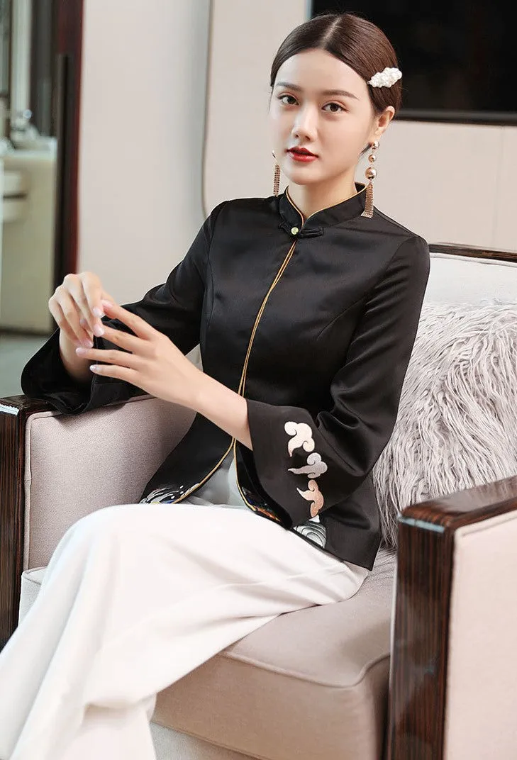Floral Embroidery Trumpet Sleeve Taffeta Traditional Chinese Jacket