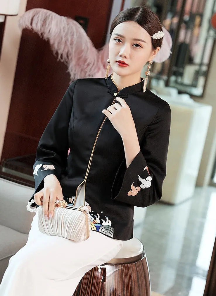 Floral Embroidery Trumpet Sleeve Taffeta Traditional Chinese Jacket