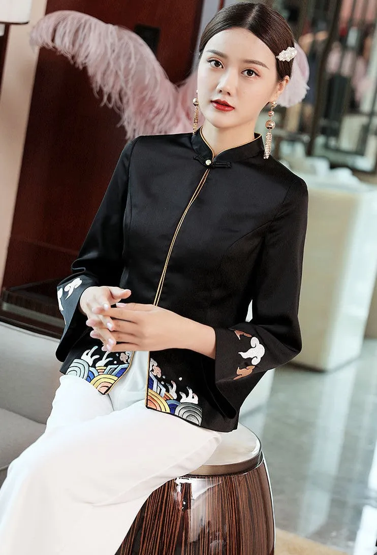 Floral Embroidery Trumpet Sleeve Taffeta Traditional Chinese Jacket