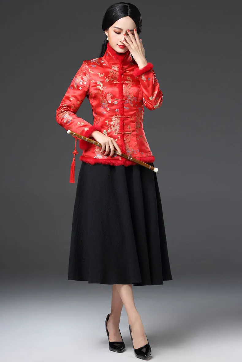 Fur Edge Floral Brocade Traditional Chinese Wadded Coat Mother Coat