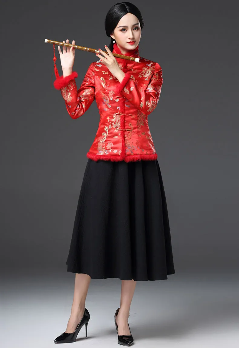 Fur Edge Floral Brocade Traditional Chinese Wadded Coat Mother Coat