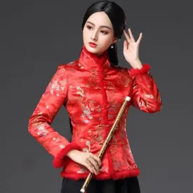 Fur Edge Floral Brocade Traditional Chinese Wadded Coat Mother Coat