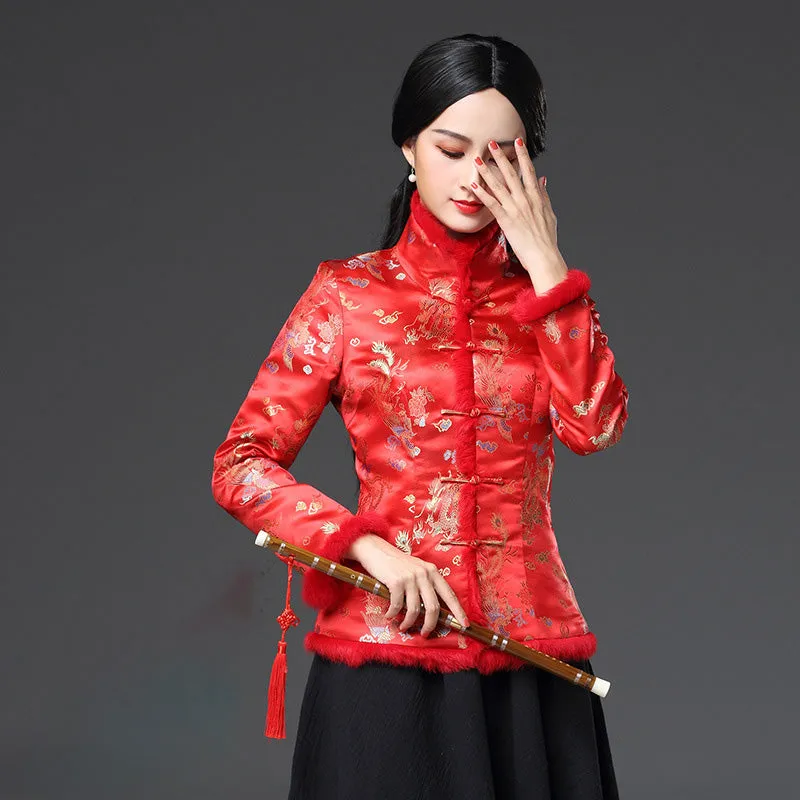 Fur Edge Floral Brocade Traditional Chinese Wadded Coat Mother Coat