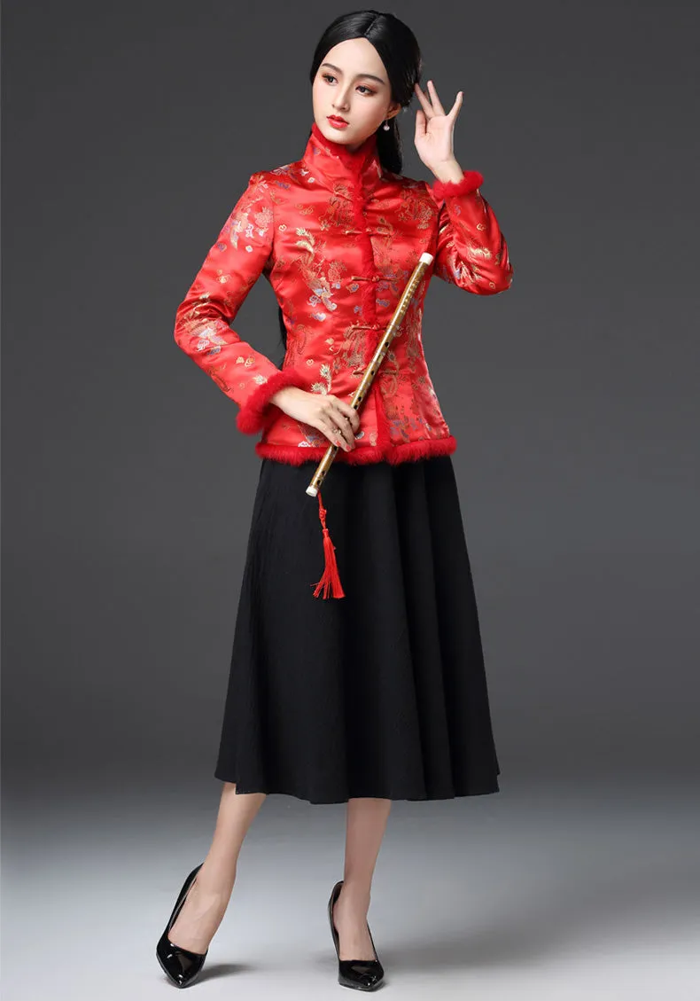 Fur Edge Floral Brocade Traditional Chinese Wadded Coat Mother Coat