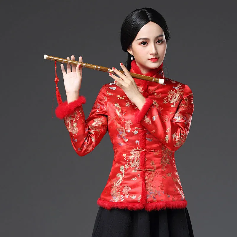 Fur Edge Floral Brocade Traditional Chinese Wadded Coat Mother Coat