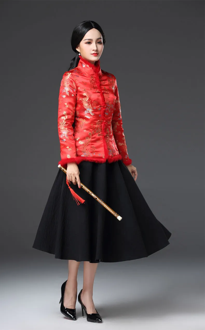 Fur Edge Floral Brocade Traditional Chinese Wadded Coat Mother Coat