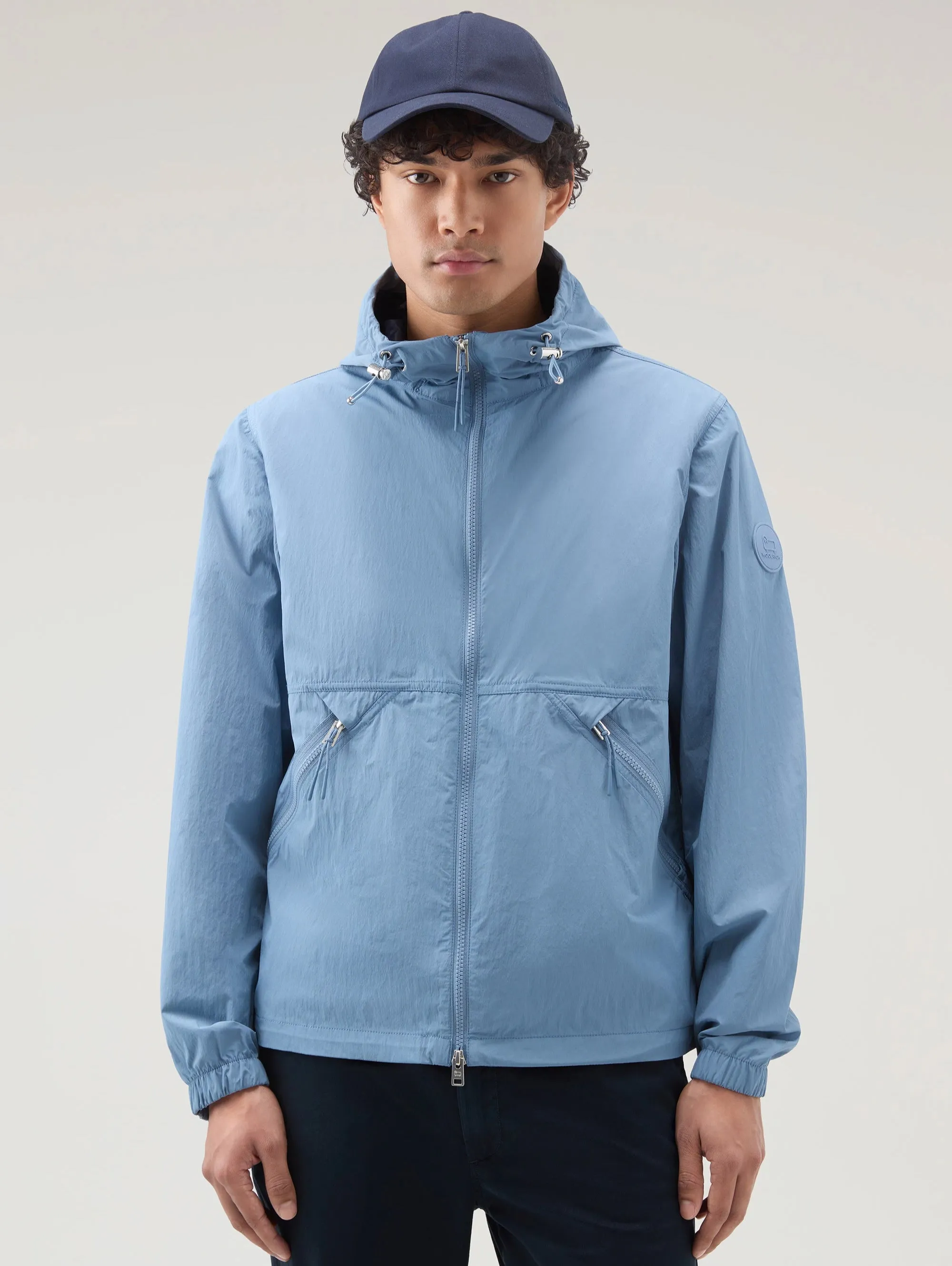 Giacca Sfoderata con Cappuccio in Crinkle Indigo