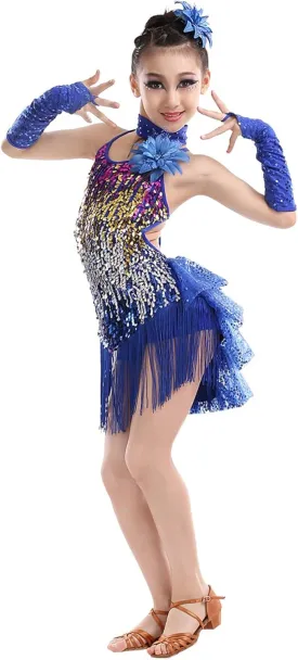 Girls Sequin Tassel Latin Dance Dress Sleeveless Fringe Flapper Dress Tutu Skirt Ballroom Rumba Performance Costume