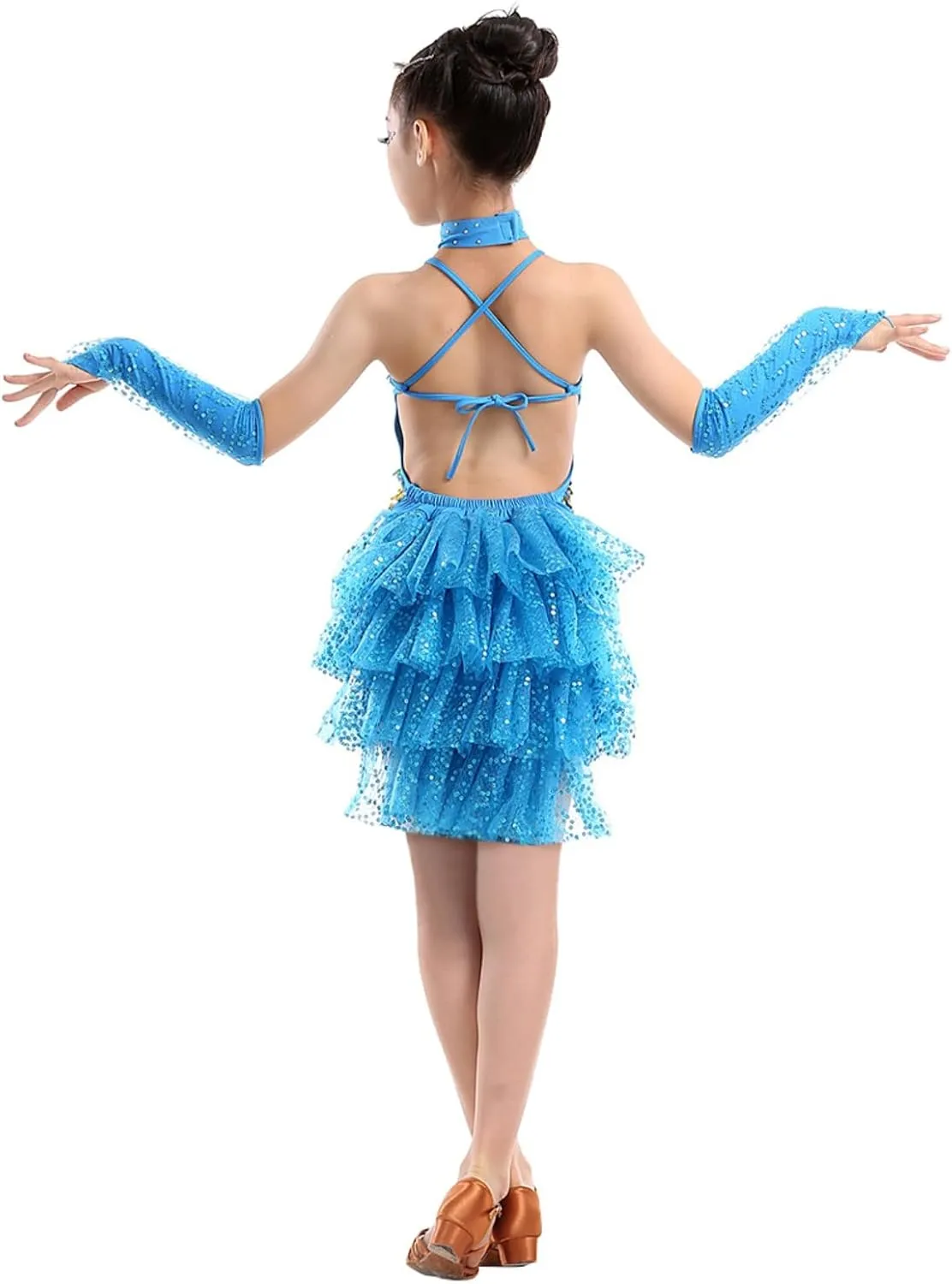 Girls Sequin Tassel Latin Dance Dress Sleeveless Fringe Flapper Dress Tutu Skirt Ballroom Rumba Performance Costume